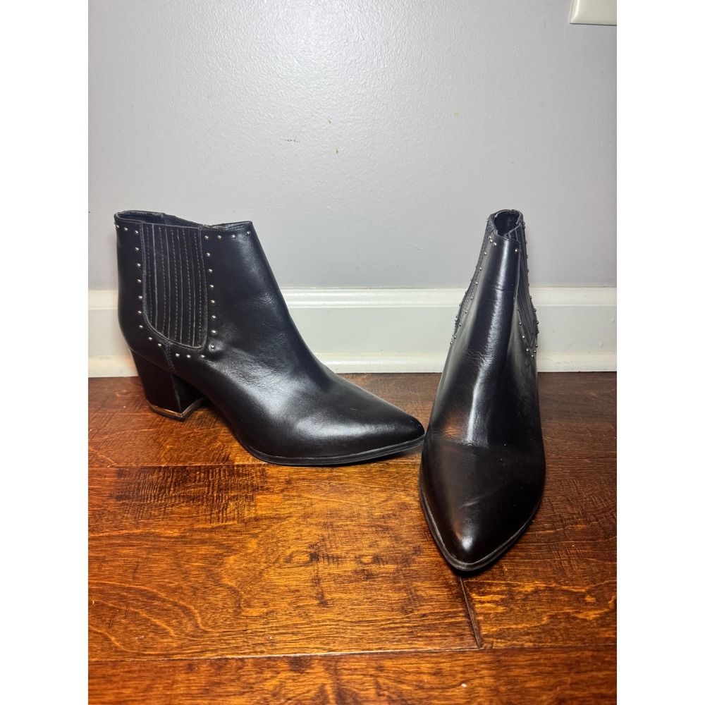 Black Studded Pointed Toe Block Heel Ankle Boots Metallic Trim Size 9‎